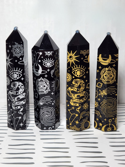 Black Obsidian Etched Tower