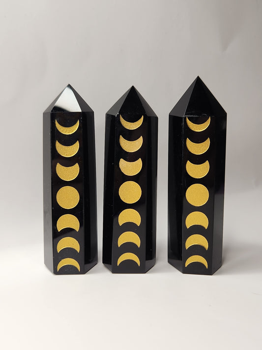 Black Obsidian Etched Moon Phase Tower
